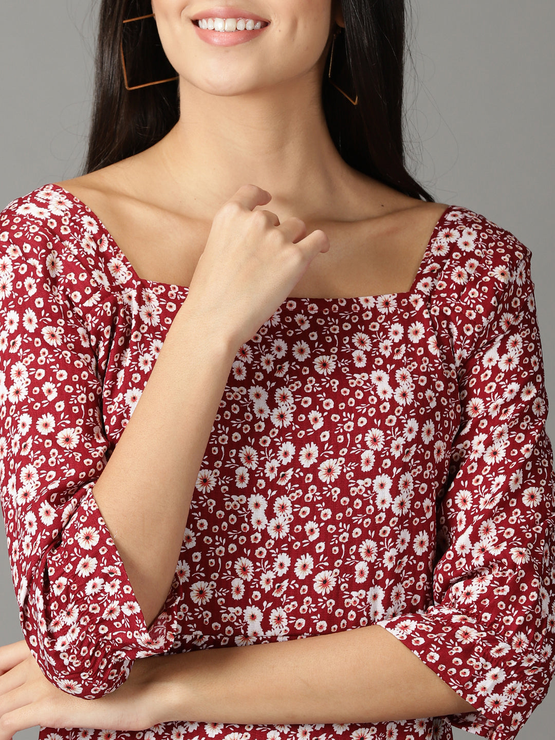 Women's Maroon Ethnic Motifs Chiffon A-Line Midi Dress