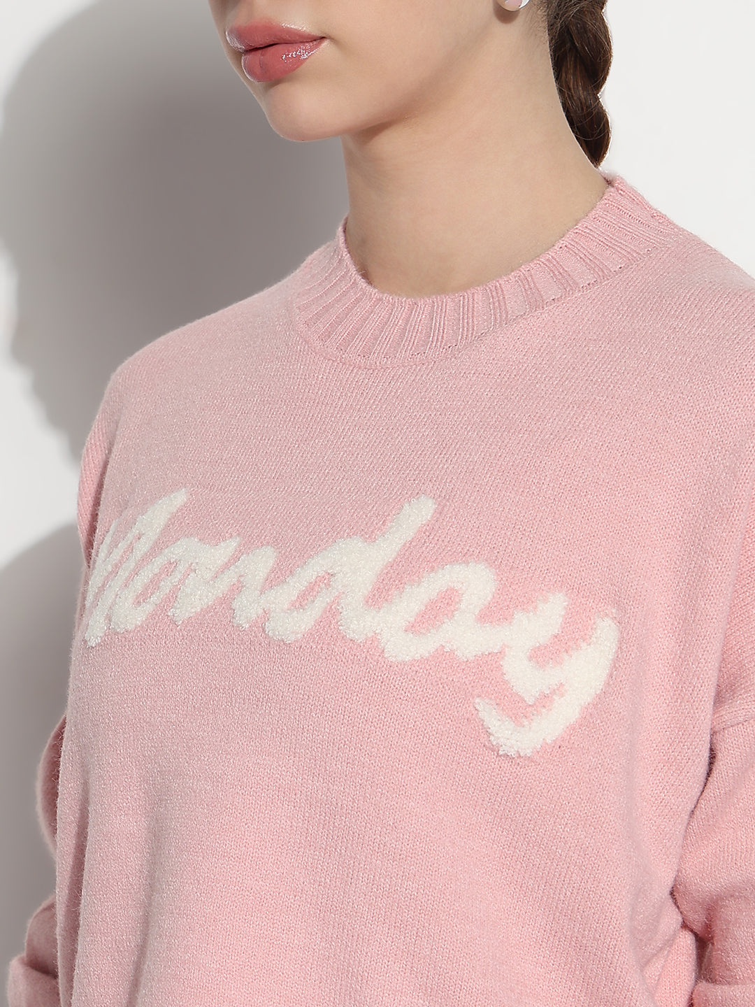 Women's Typography Pink Round Neck Crop Top