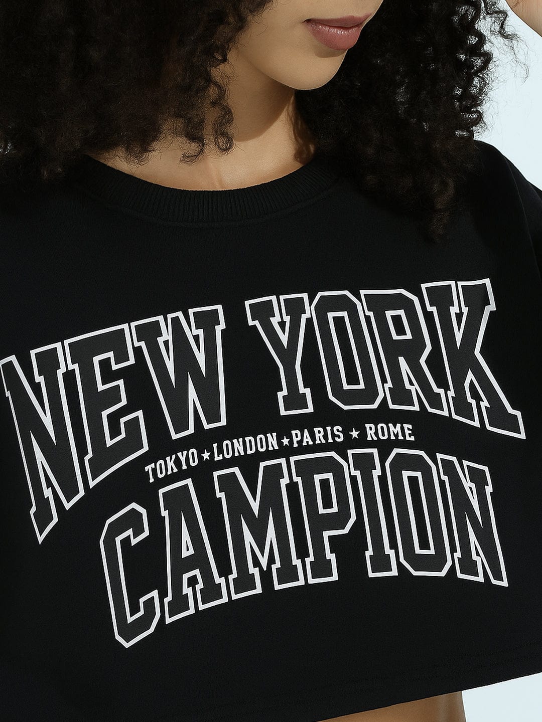 Women's Printed Black Urban Street Style Cropped Sweatshirt Top