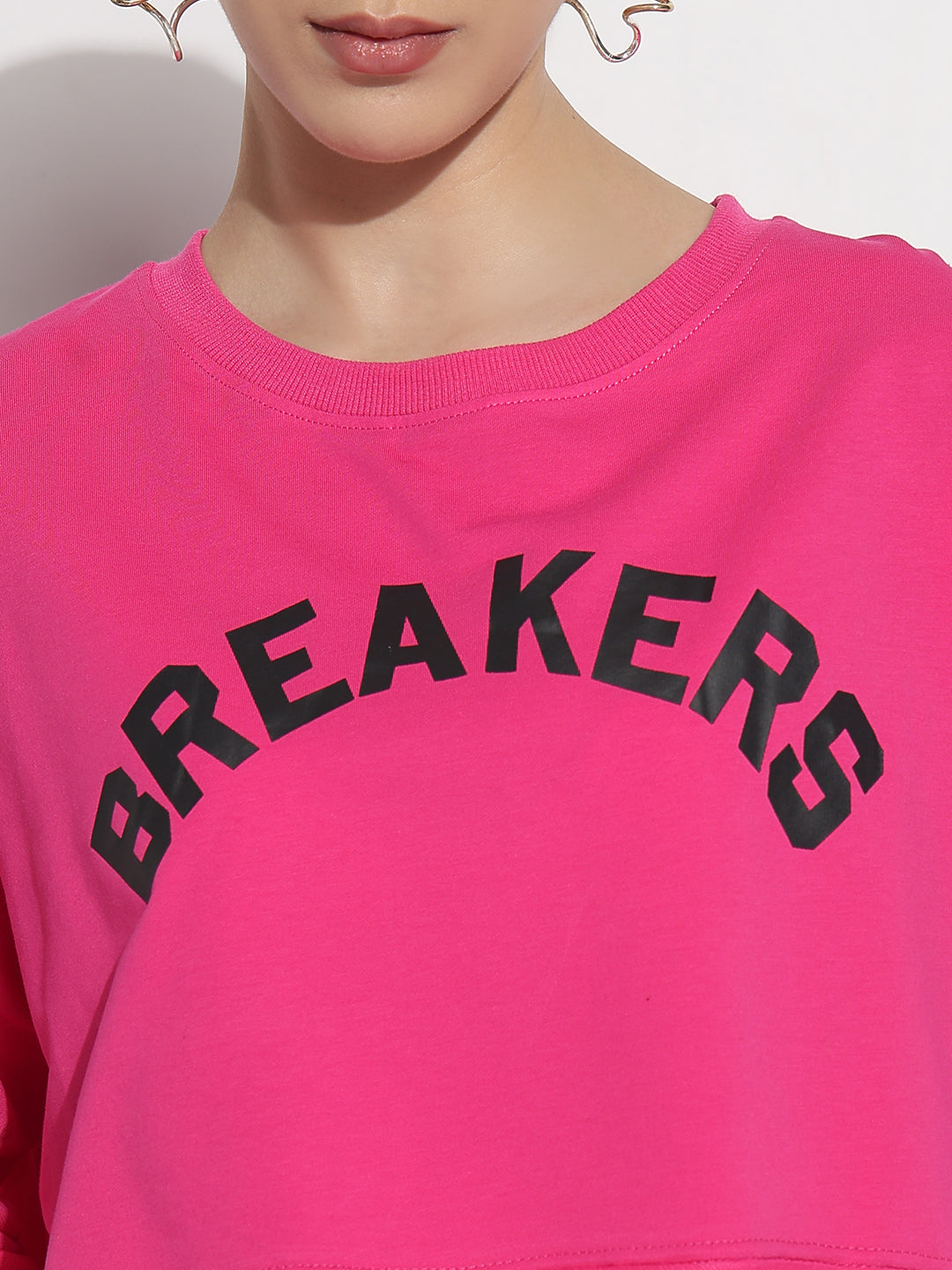 Women's Typography Pink Round Neck Crop Top