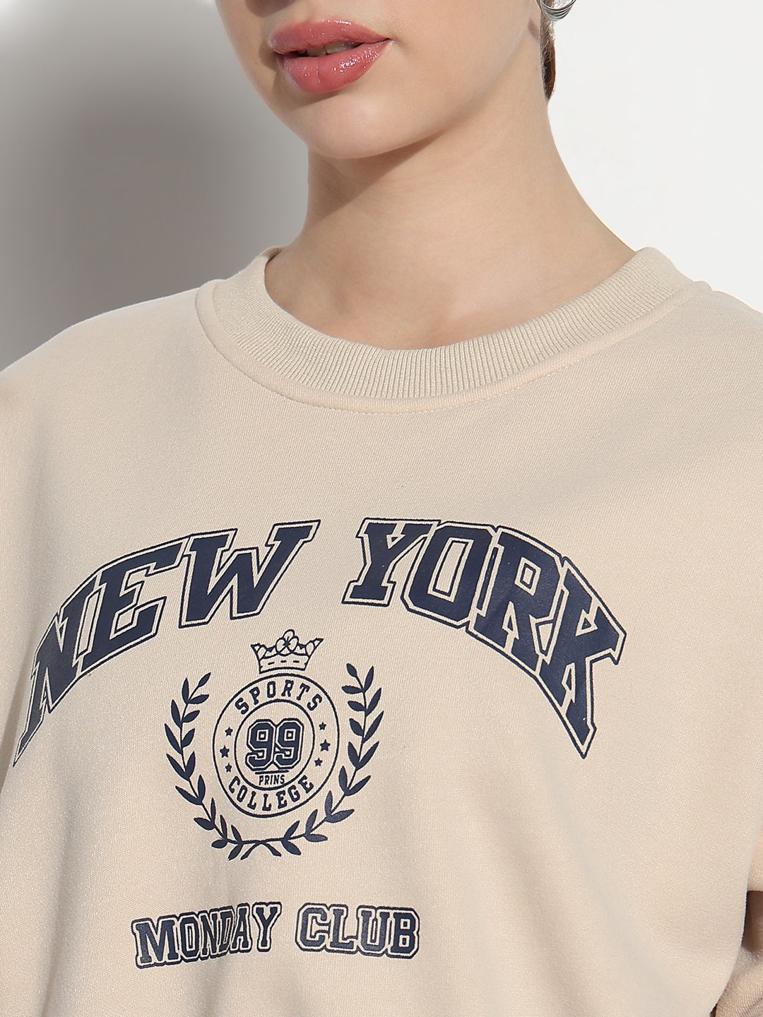 Women's Typography Beige Round Neck Crop Top
