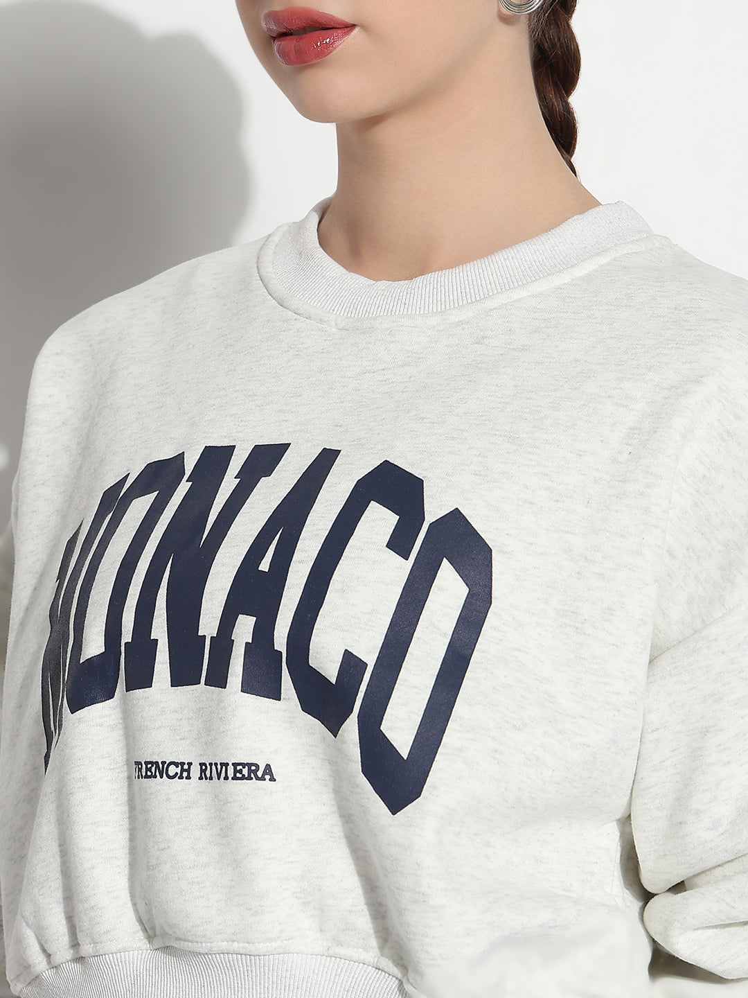 Women's Typography Off White Round Neck Crop Top
