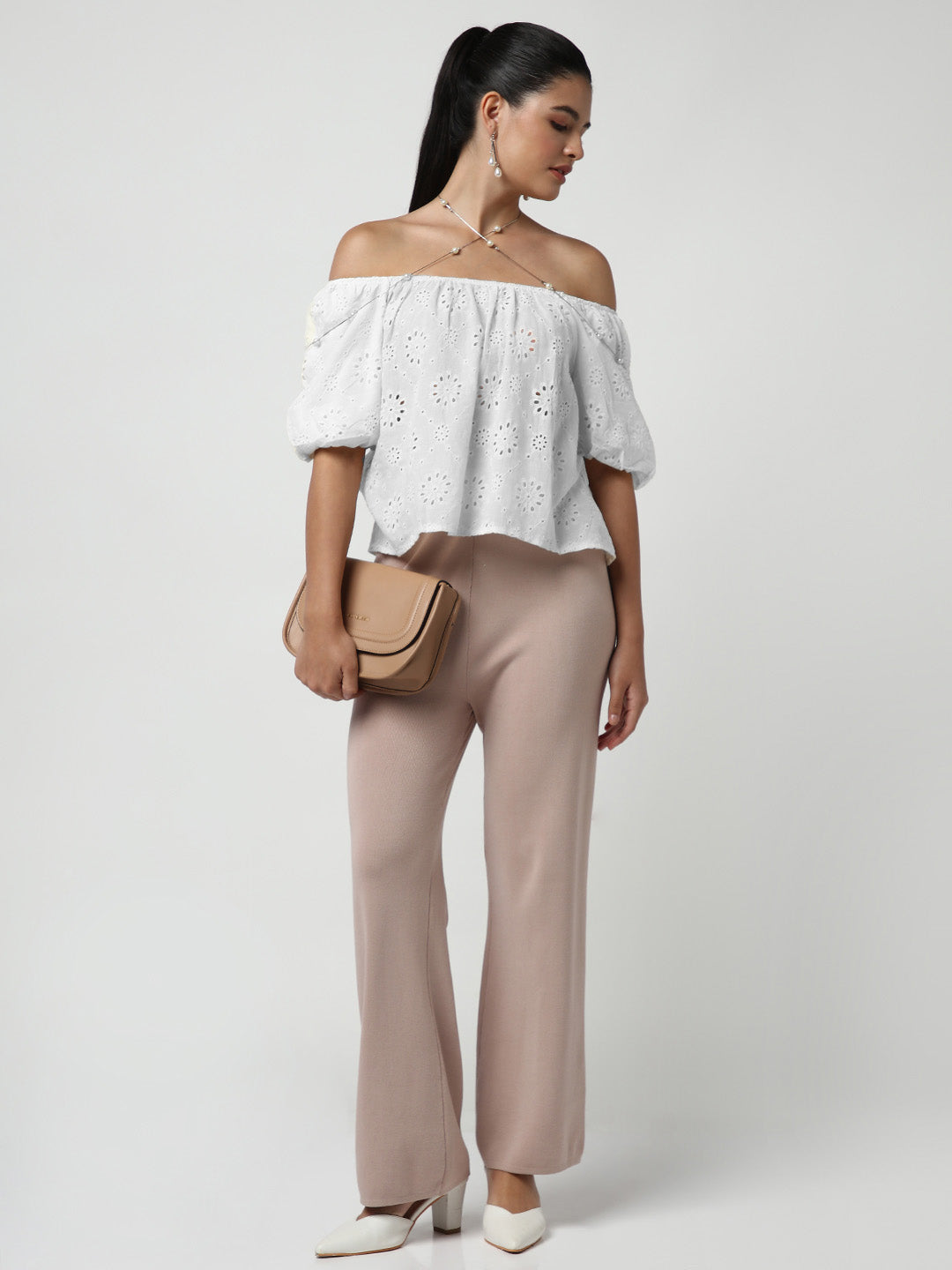Women's White Off-Shoulder Puff Sleeve Schiffli Bardot Crop Top
