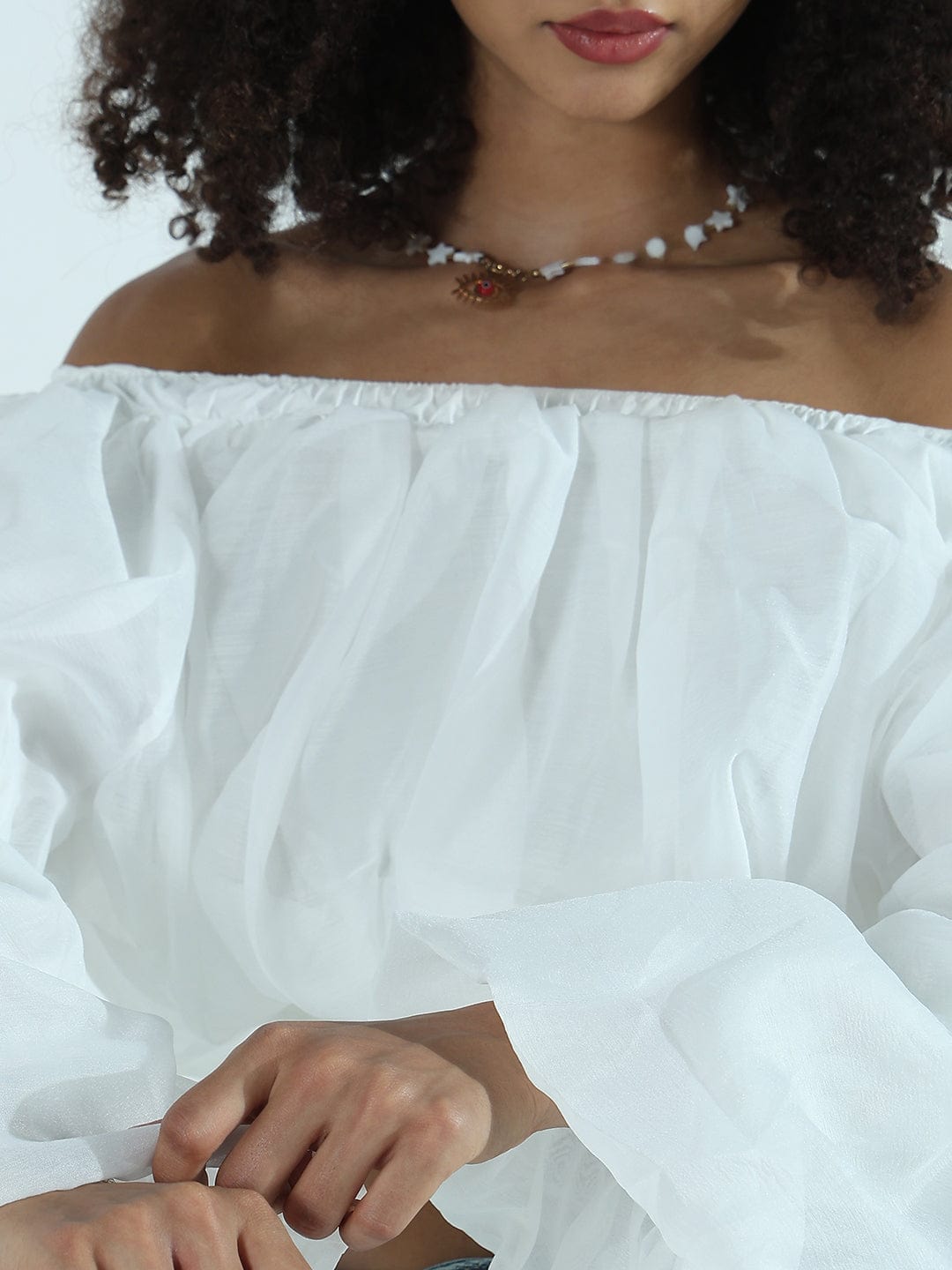 Women's White Off-Shoulder Balloon Crop Top