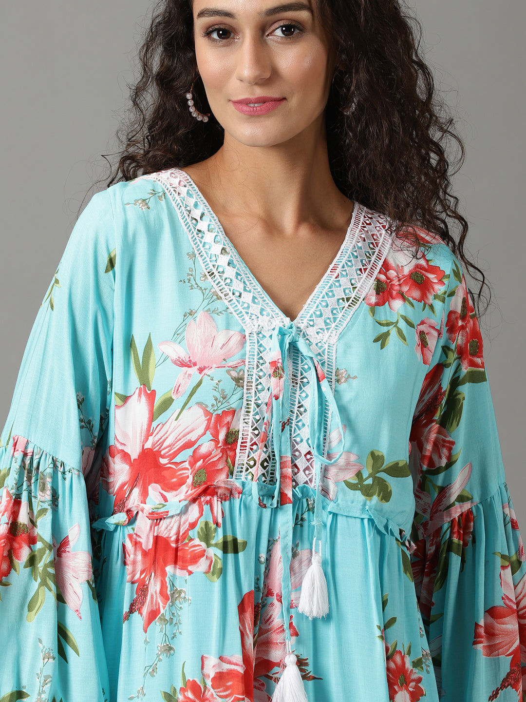 Women's Blue V-Neck Floral Printed Tiered Crepe A-Line Dress