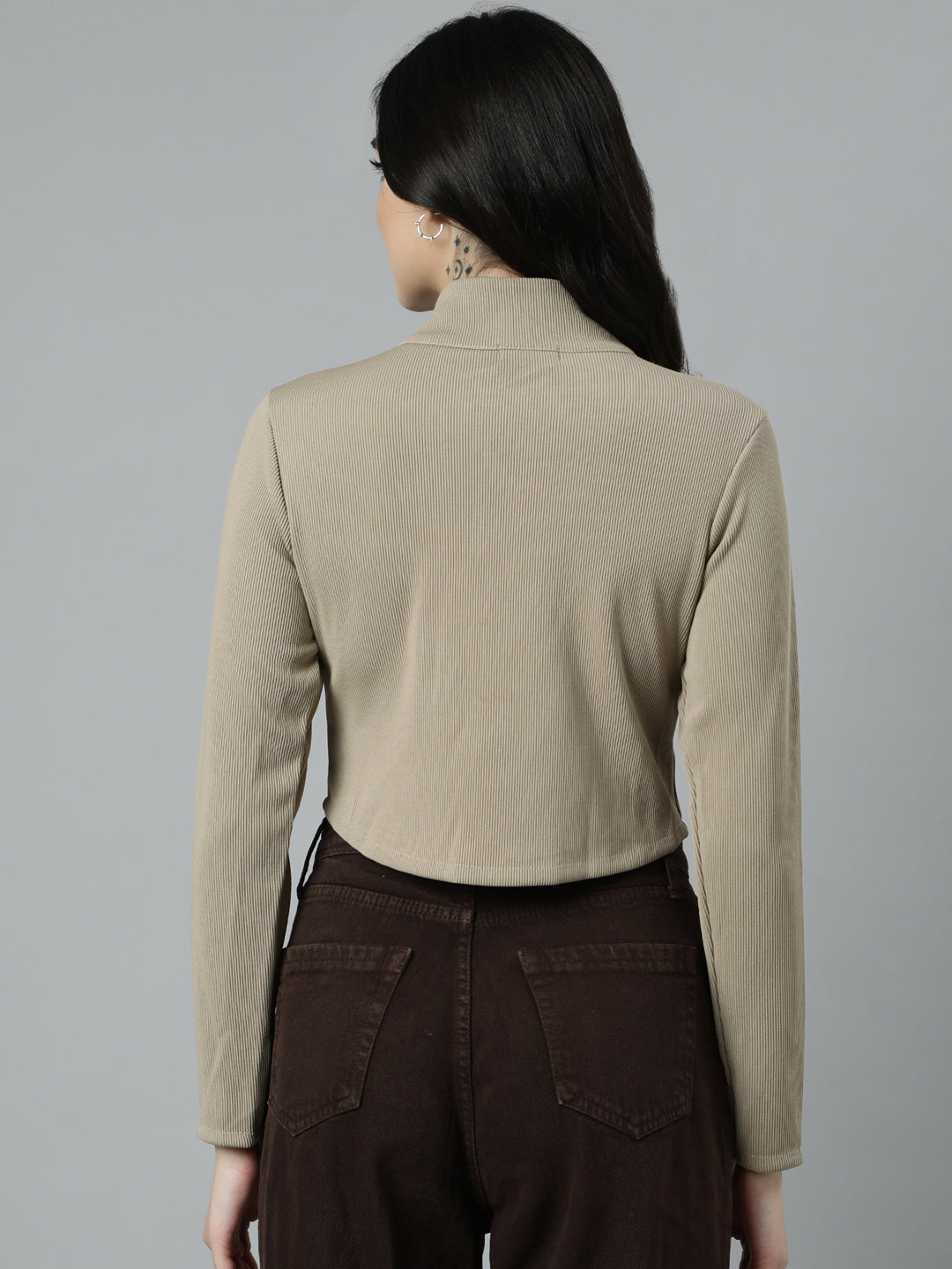Women's Solid Beige Crop Top