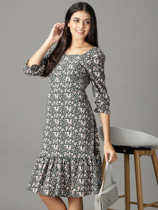 Women's Olive Printed Square Neck A-Line Dress