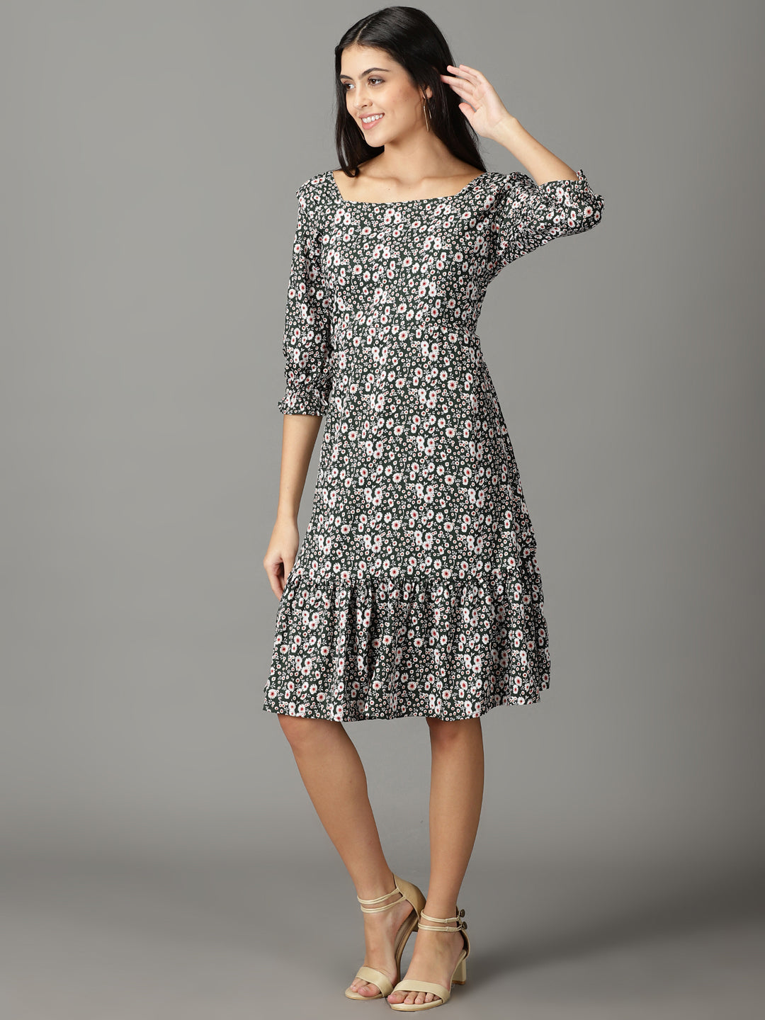Women's Olive Printed Square Neck A-Line Dress