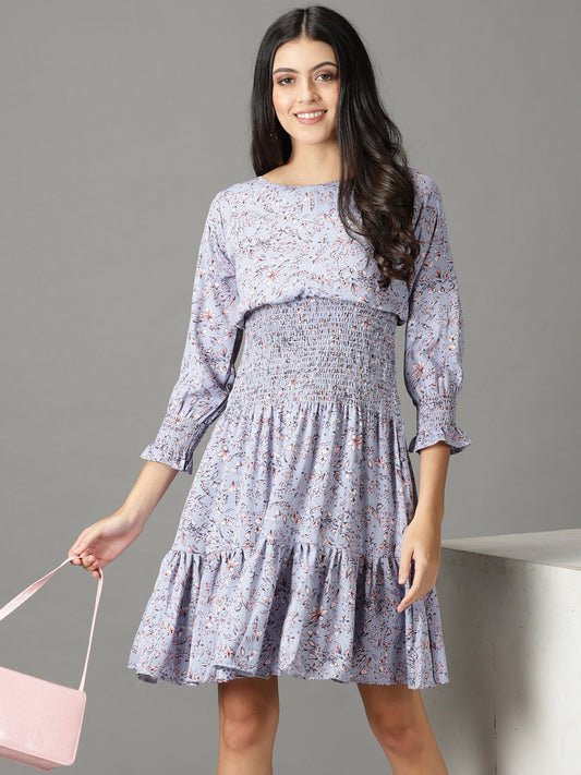 Women's Blue Floral Printed Chiffon Dress