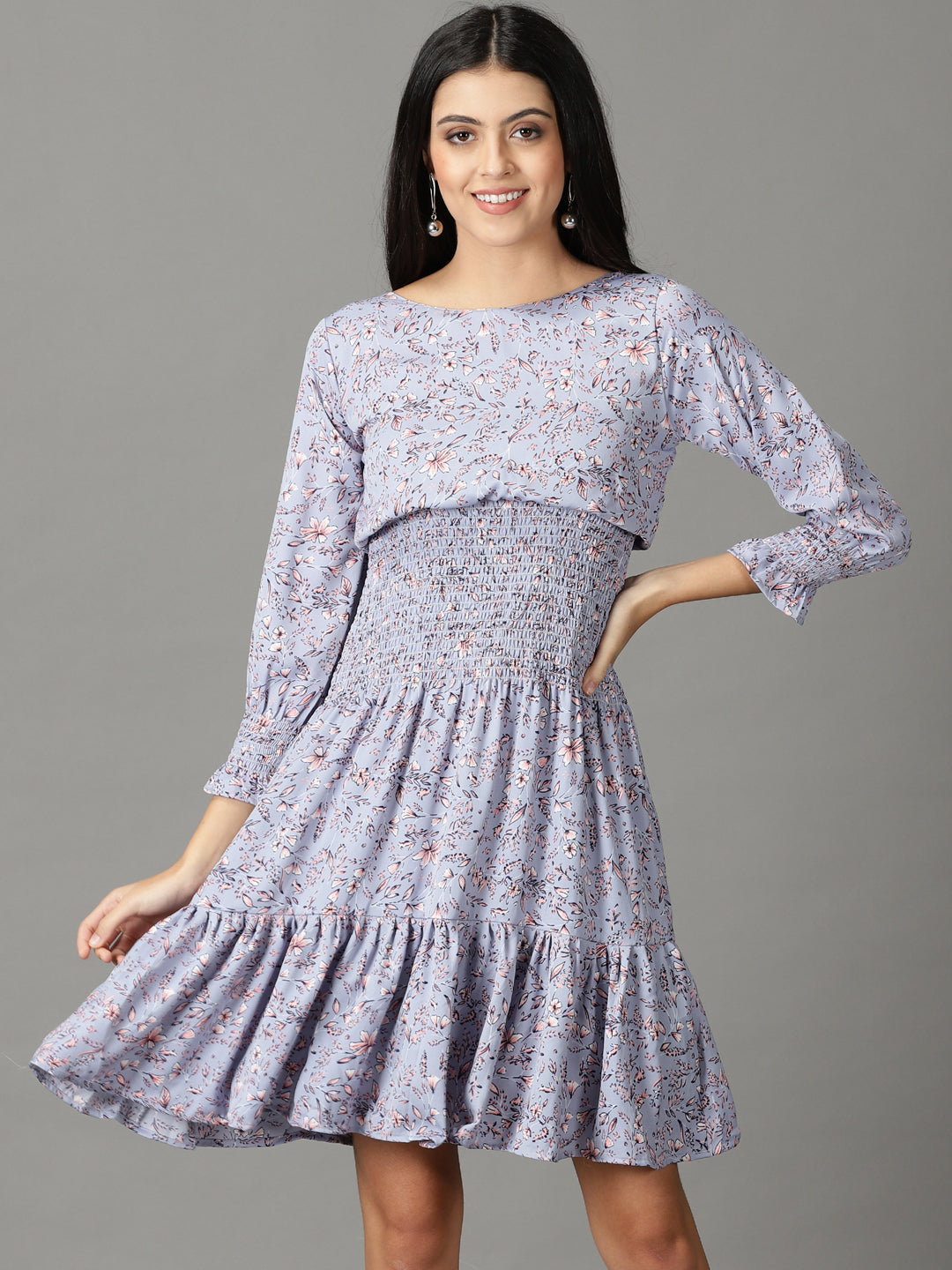 Women's Blue Floral Printed Chiffon Dress