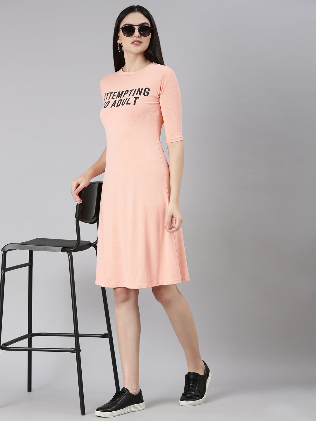 Women's Peach Typography Printed Cotton T-Shirt Dress