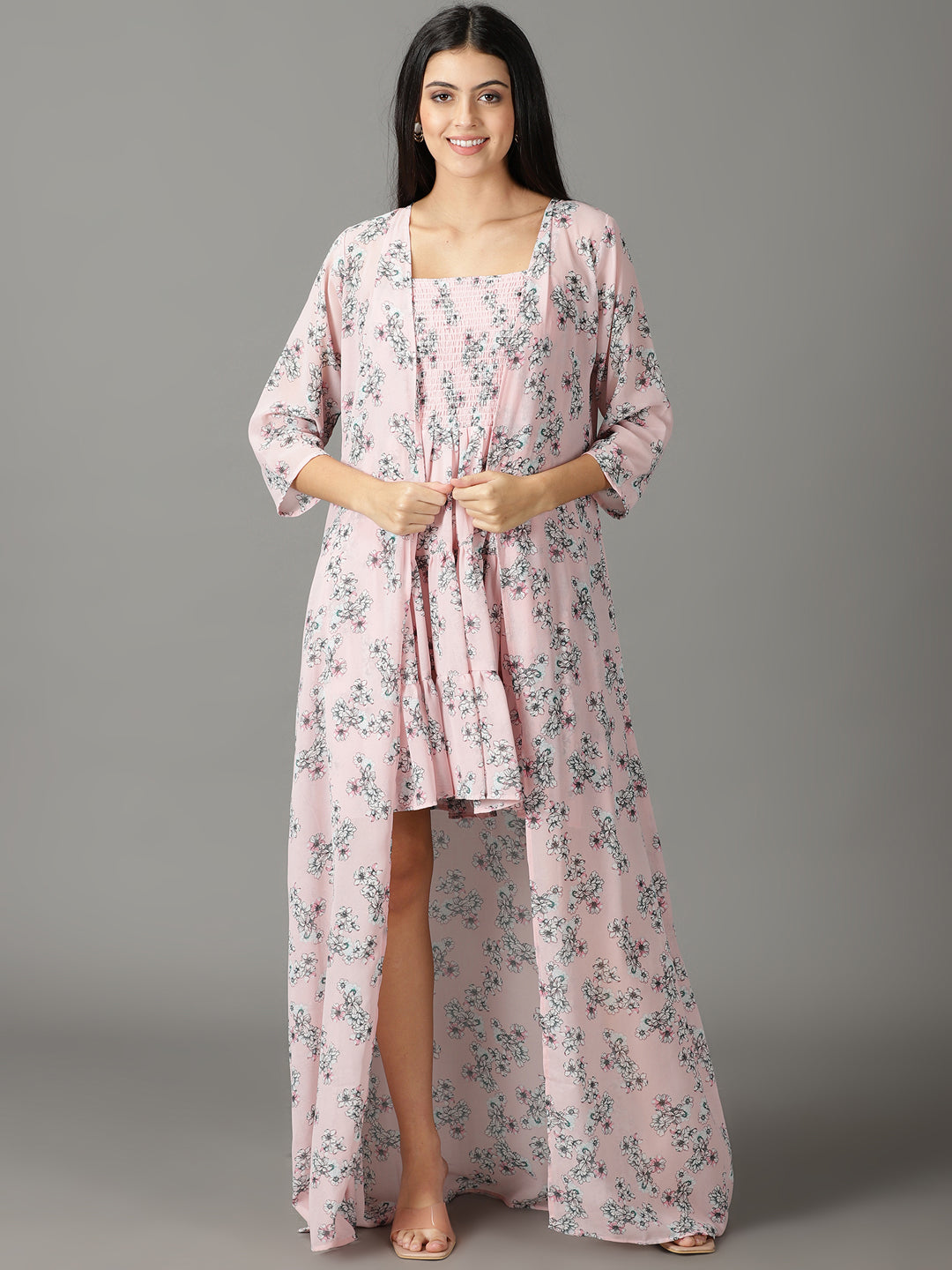 Women's Pink Floral Printed Fit & Flare Dress With Jacket