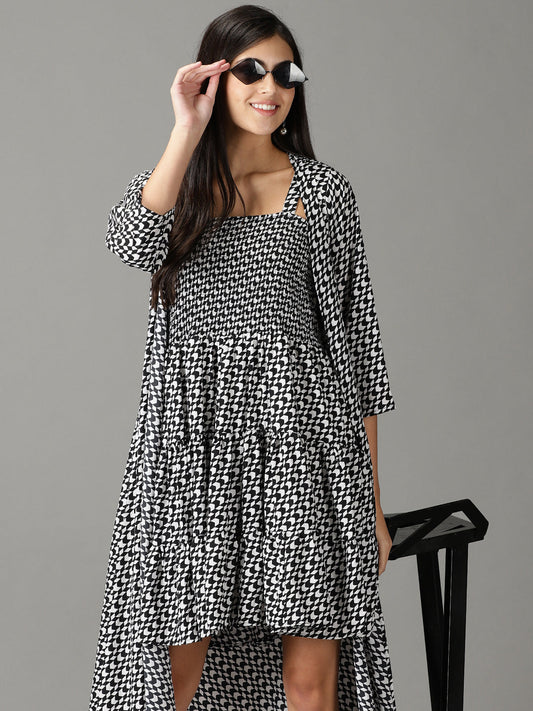 Women's Black Printed Square Neck A-Line Dress