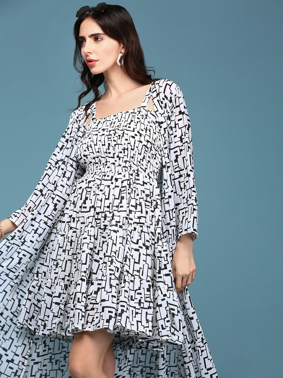 Women's White Abstract Printed A-Line Dress