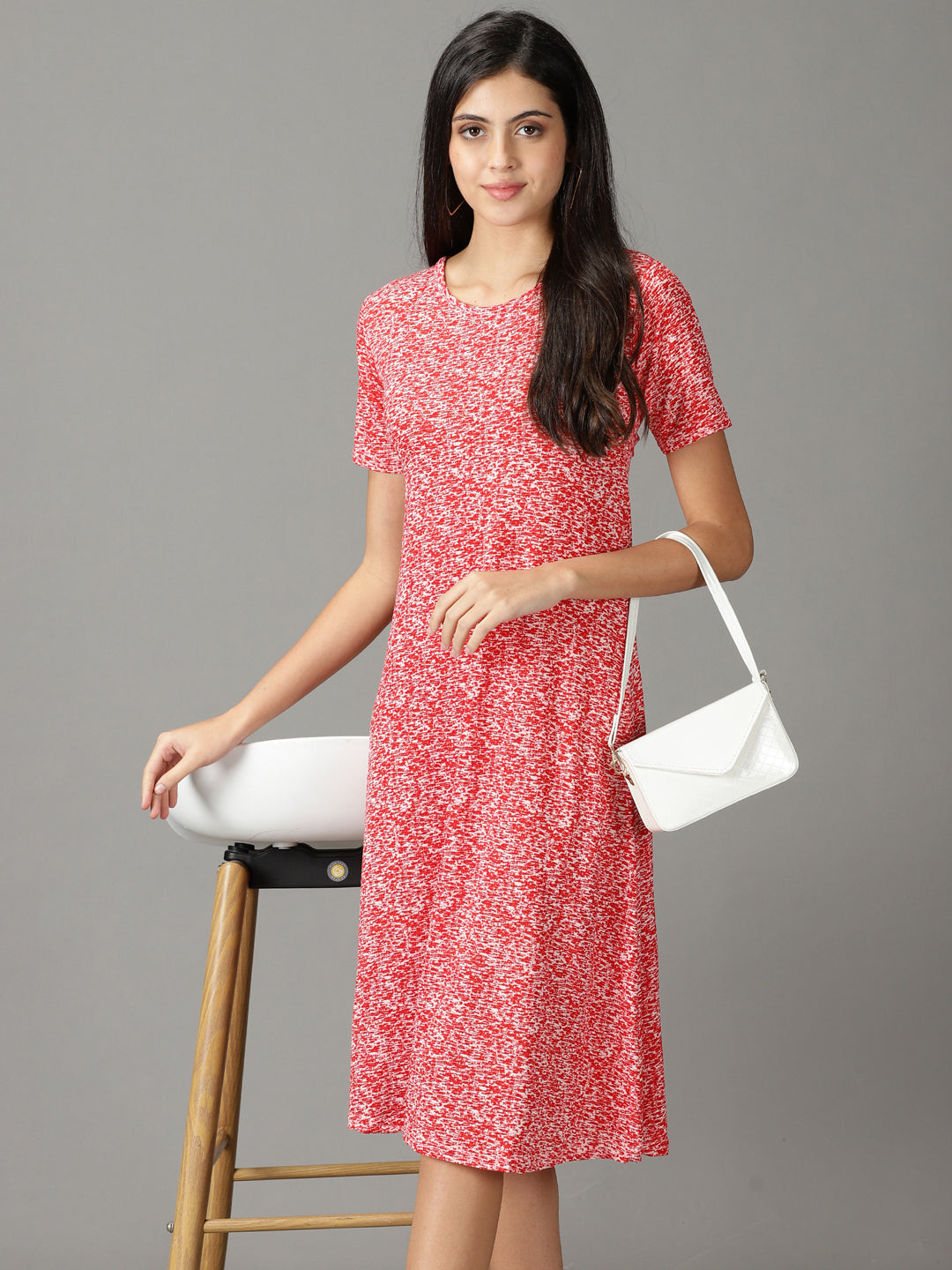 Women's Red Round Neck Abstract Print A-Line Midi Cotton Dress