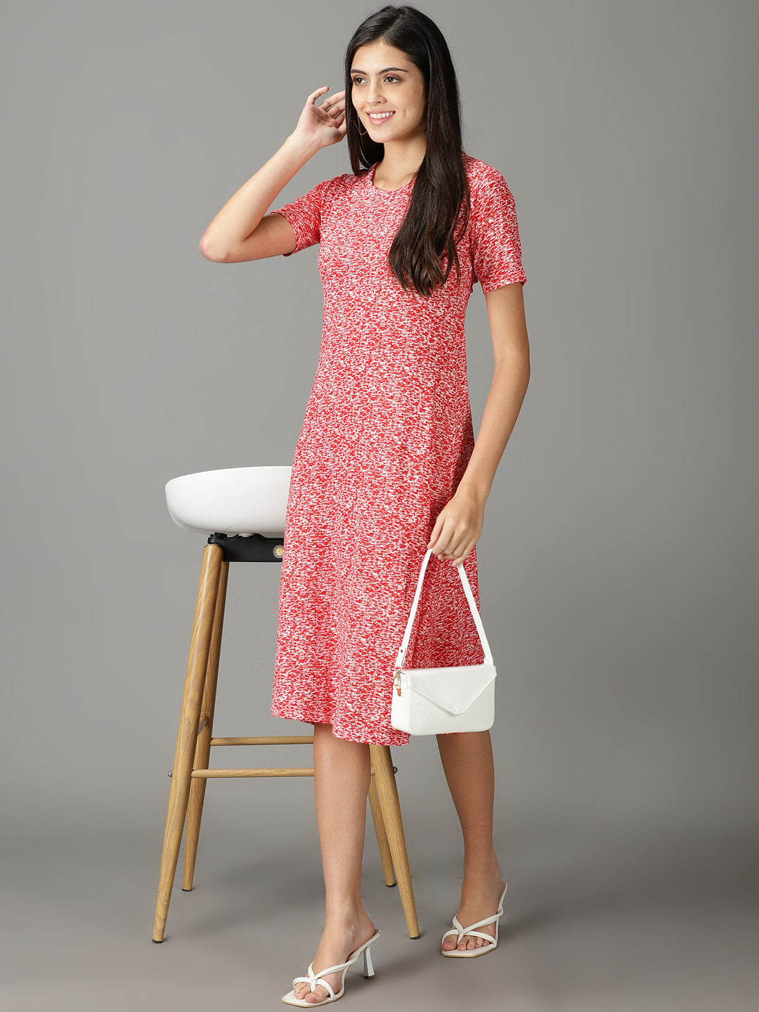Women's Red Round Neck Abstract Print A-Line Midi Cotton Dress