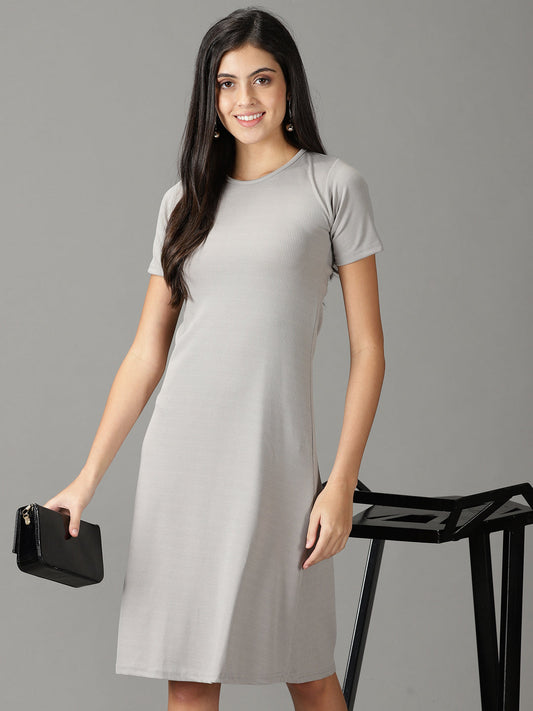 Women's Grey Round Neck A-Line Dress