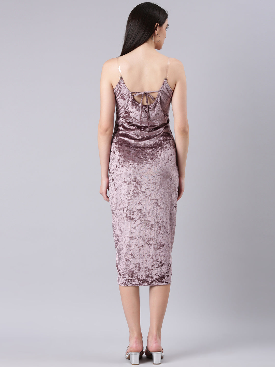 Women's Mauve Shoulder Straps Velvet Bodycon Knee Length Dress