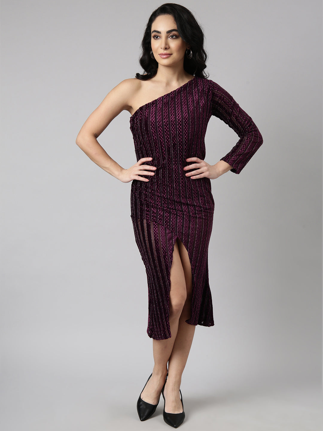 Women's Purple One Shoulder Long Sleeve Self Design Wrap Dress