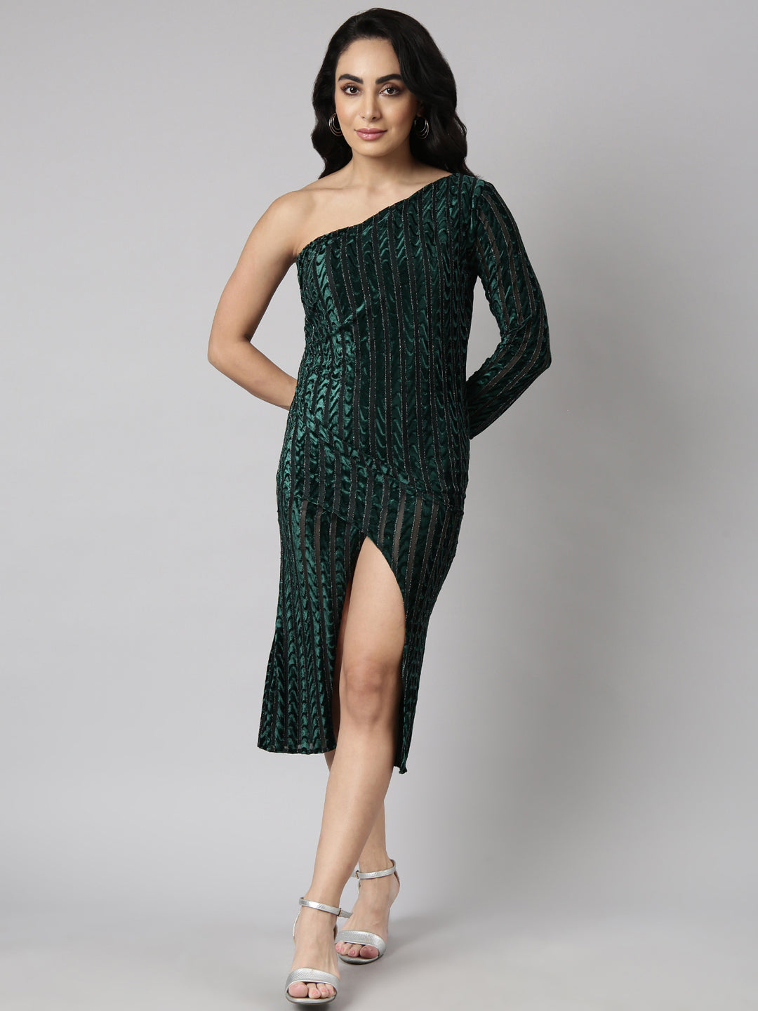 Women's Green One Shoulder Bling & Sparkly Wrap Dress