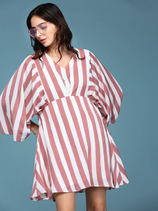 Women's Mauve Striped V-Neck Flared Sleeves A-Line Midi Dress
