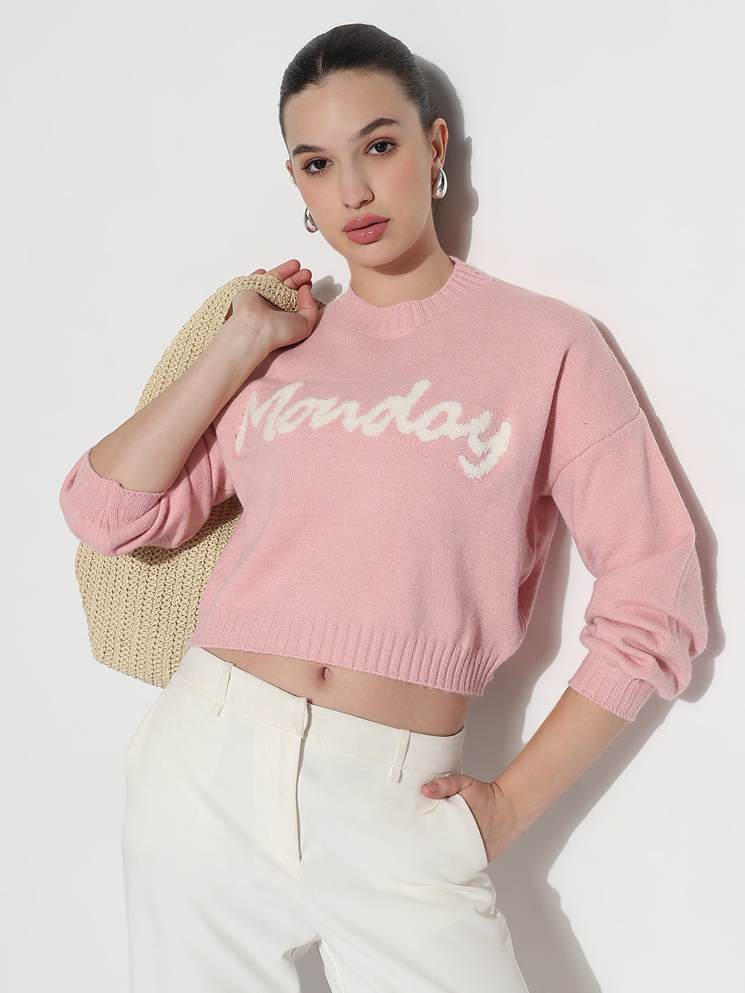 Women's Typography Pink Round Neck Crop Top