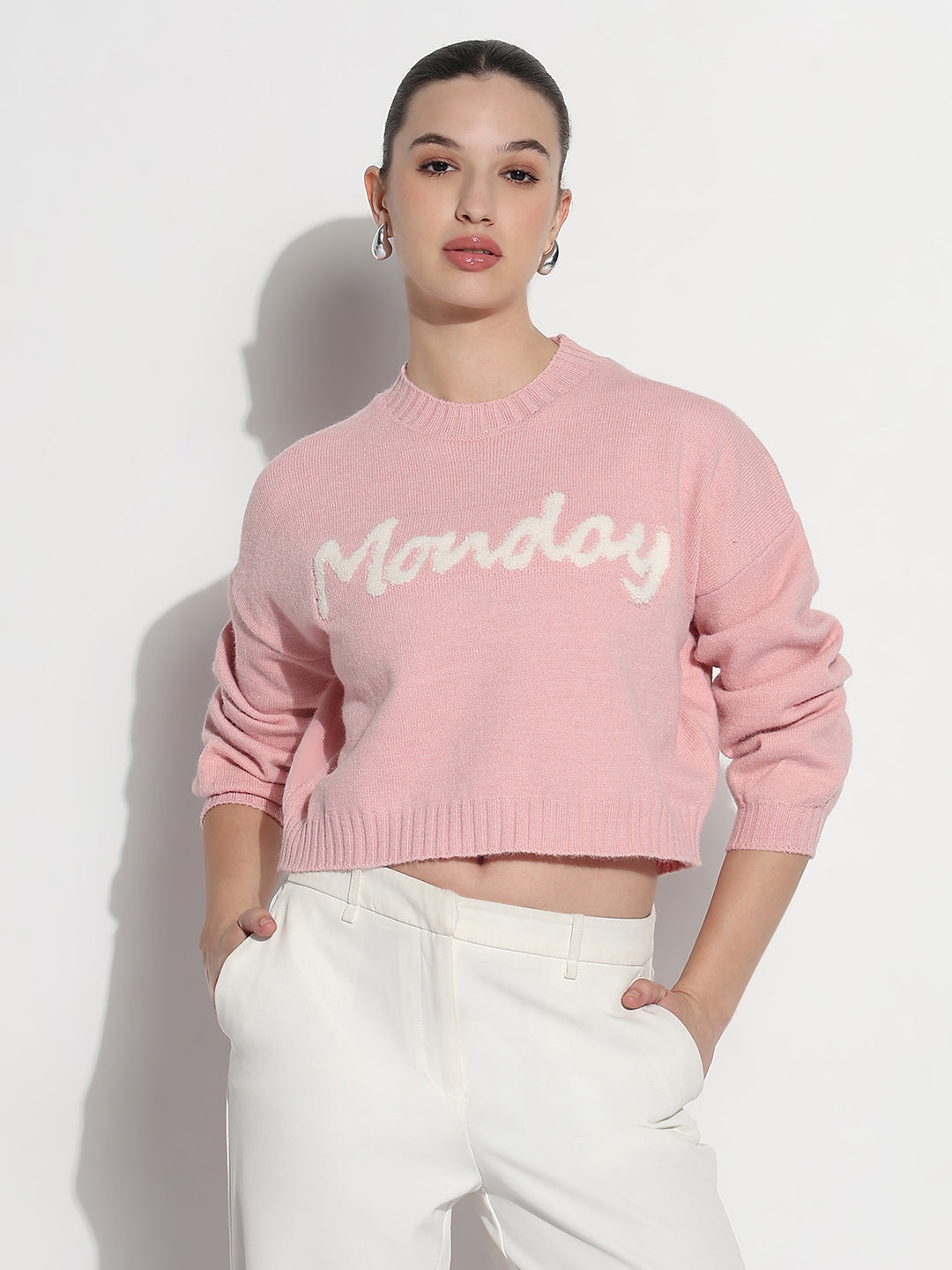 Women's Typography Pink Round Neck Crop Top