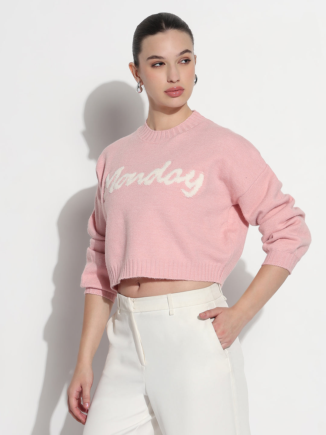 Women's Typography Pink Round Neck Crop Top