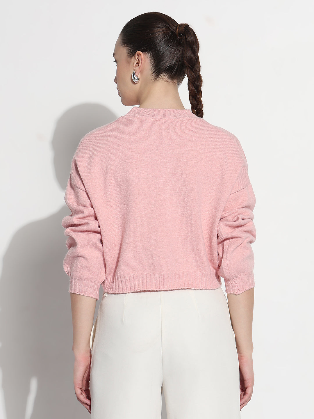 Women's Typography Pink Round Neck Crop Top