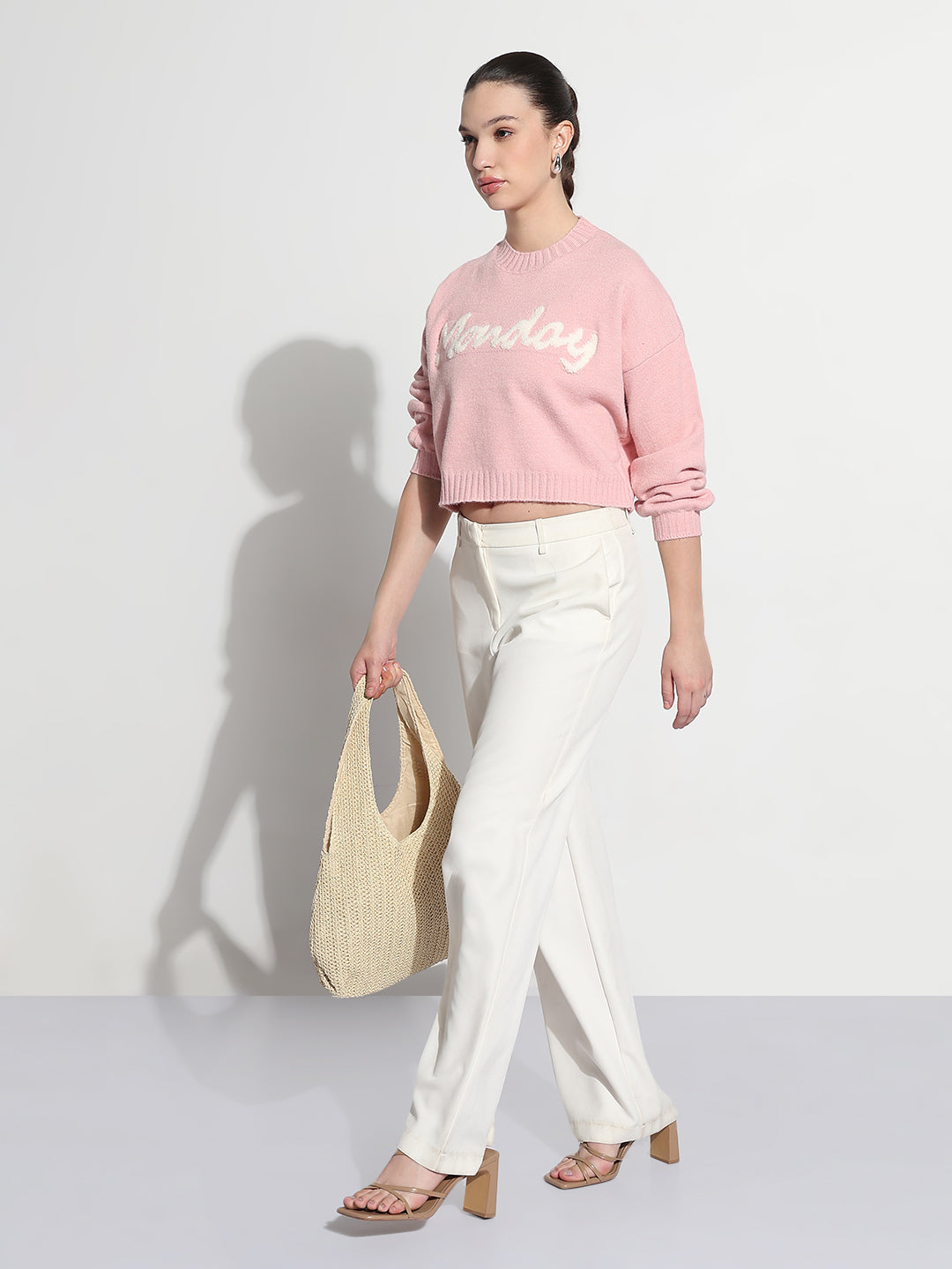 Women's Typography Pink Round Neck Crop Top