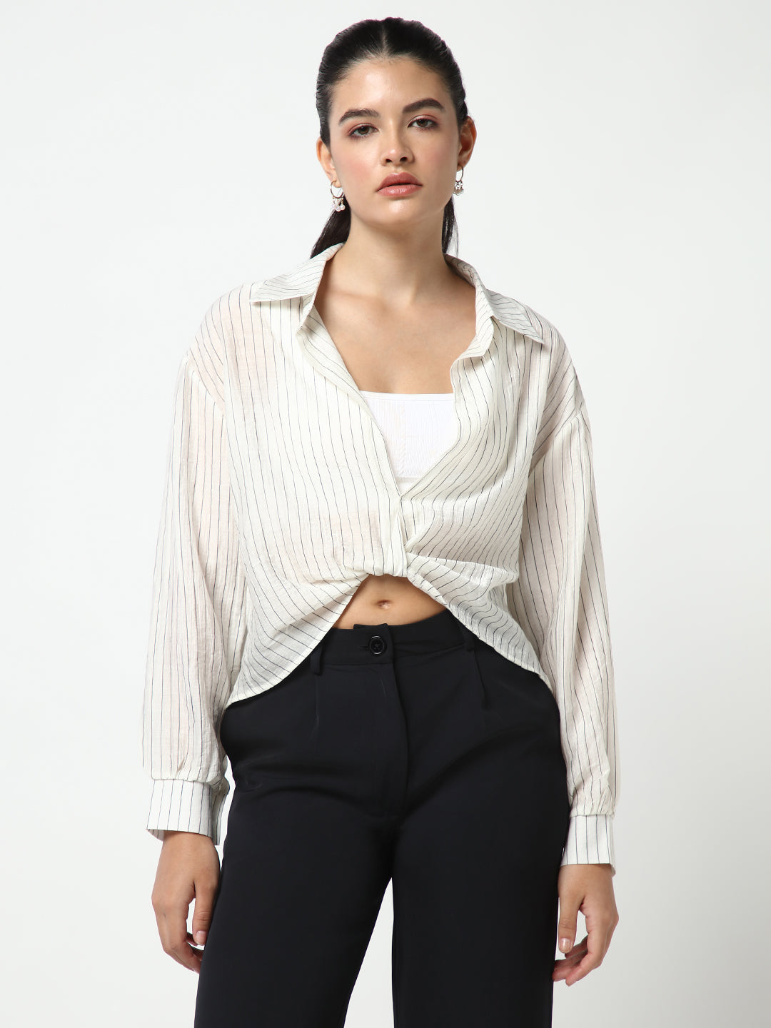 Women's Off White Striped Shirt Style Crop Top