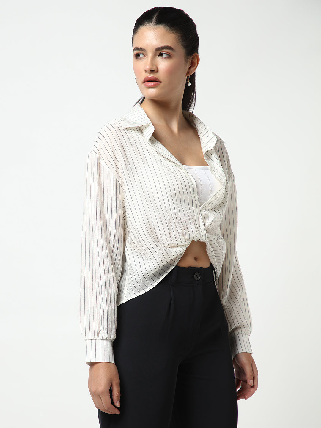 Women's Off White Striped Shirt Style Crop Top