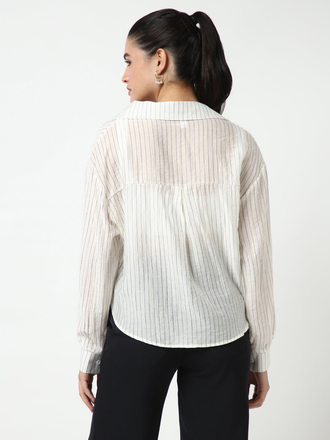 Women's Off White Striped Shirt Style Crop Top