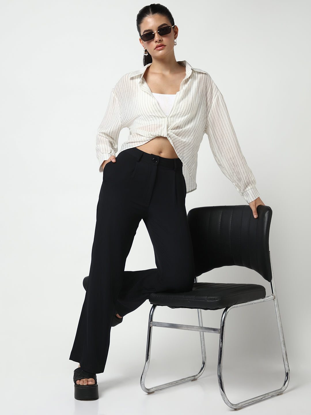 Women's Off White Striped Shirt Style Crop Top