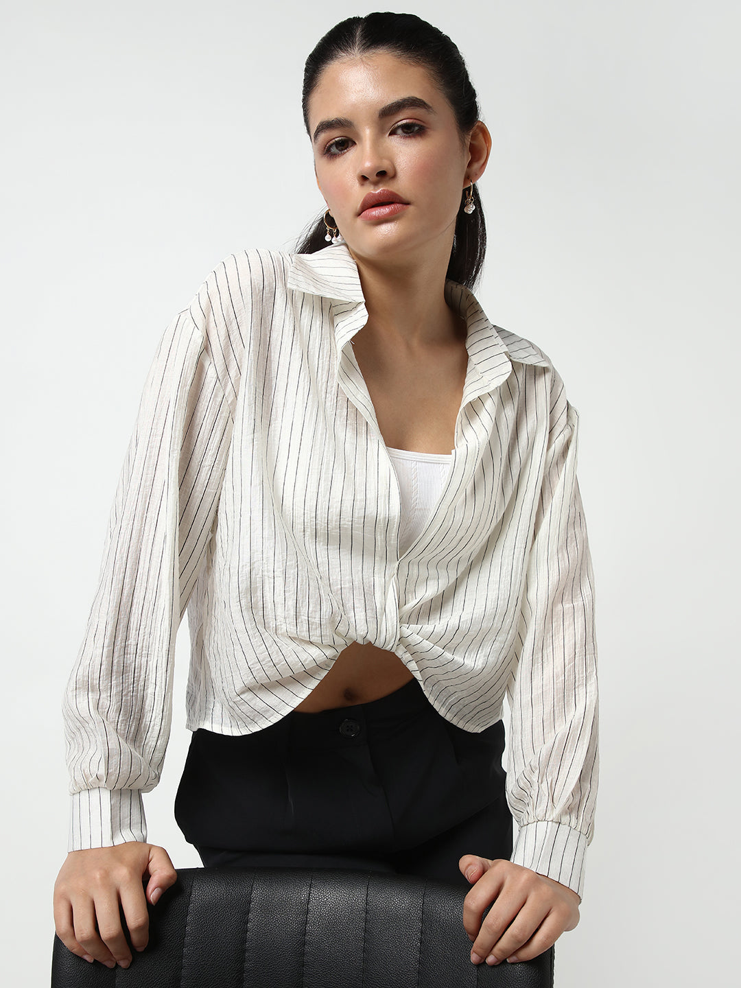 Women's Off White Striped Shirt Style Crop Top