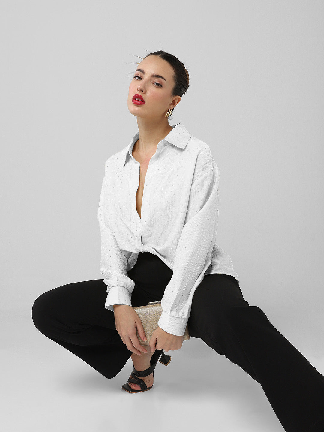 Women's White Solid Shirt Style Crop Top