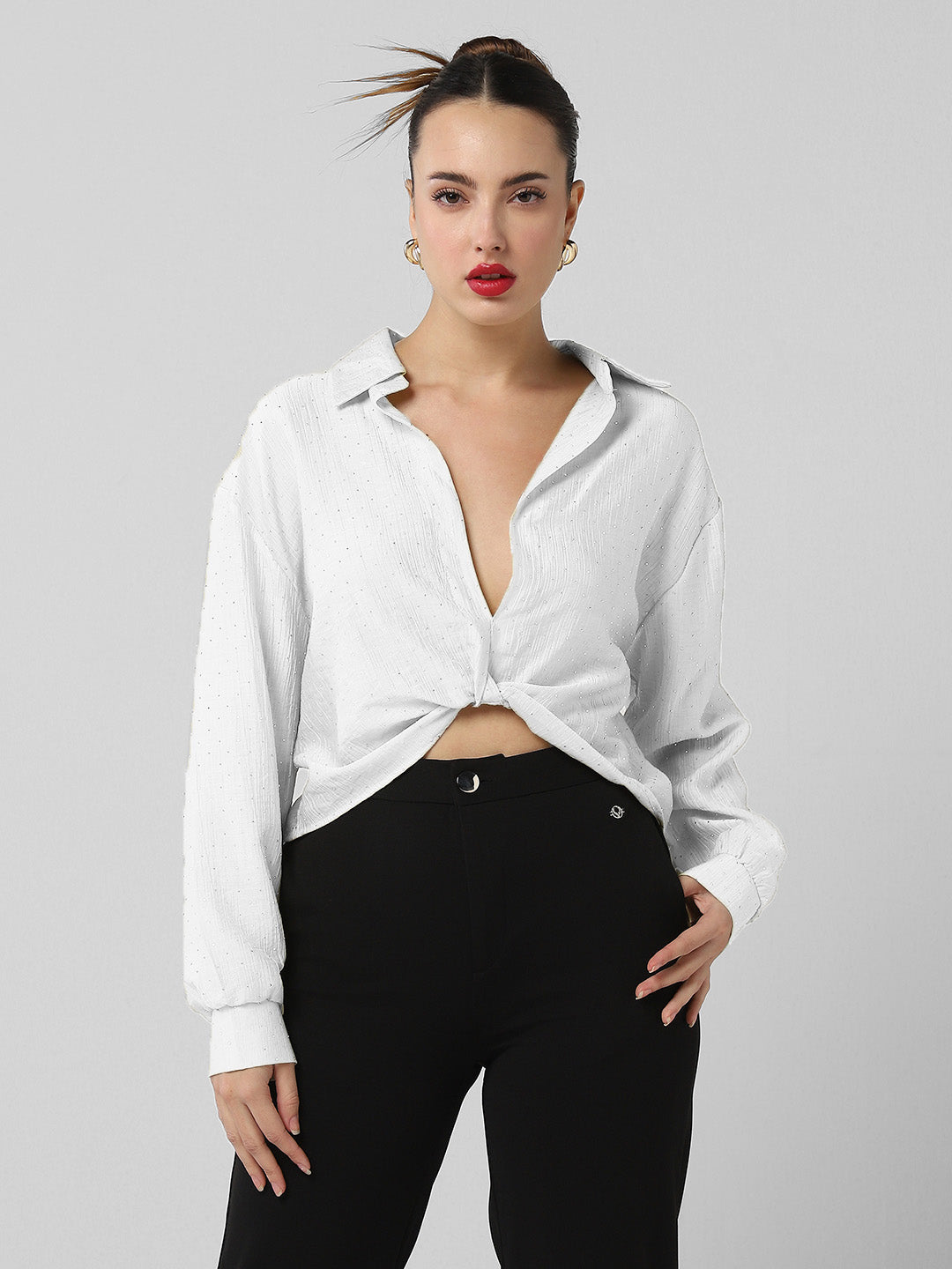 Women's White Solid Shirt Style Crop Top