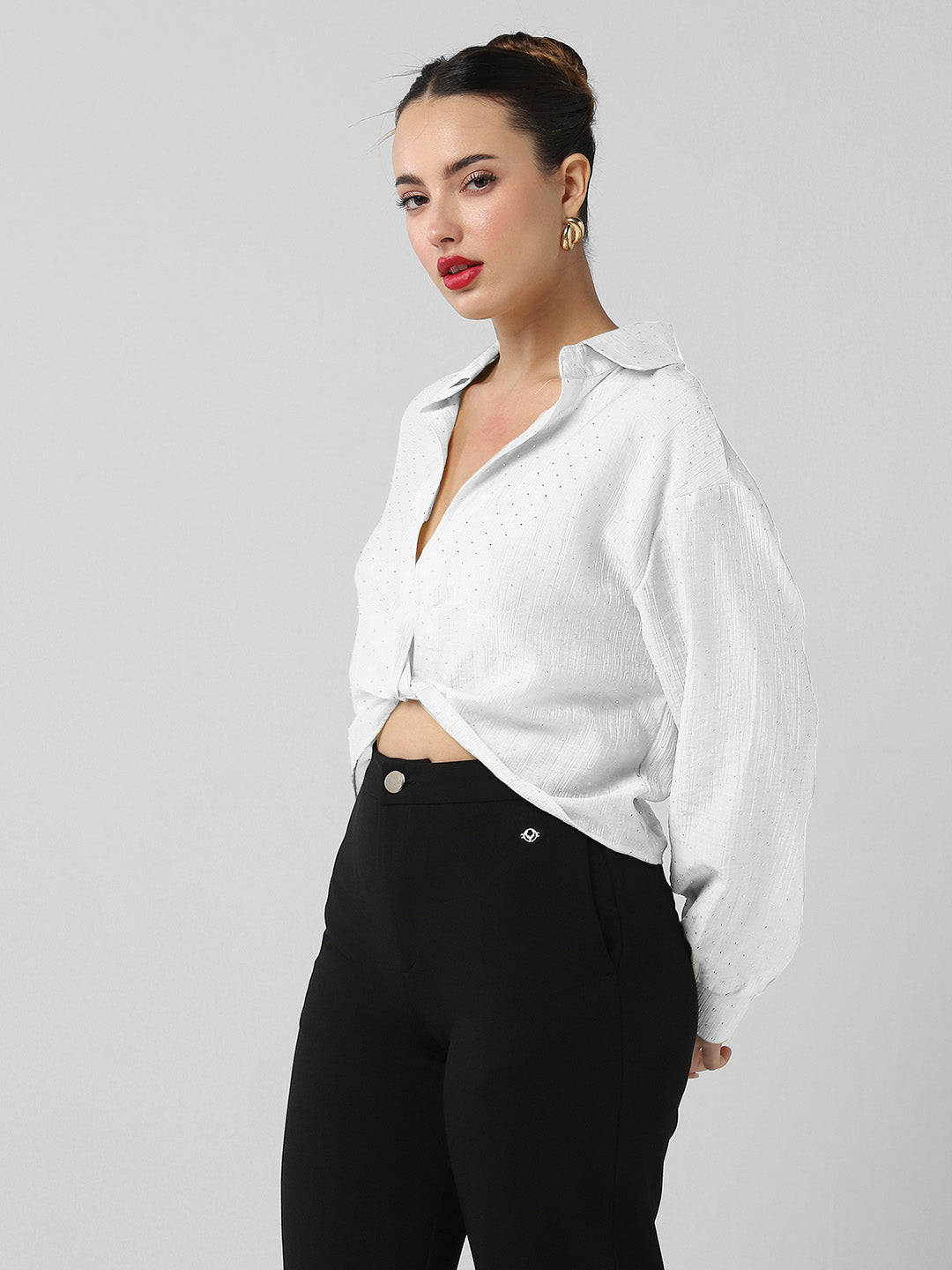 Women's White Solid Shirt Style Crop Top