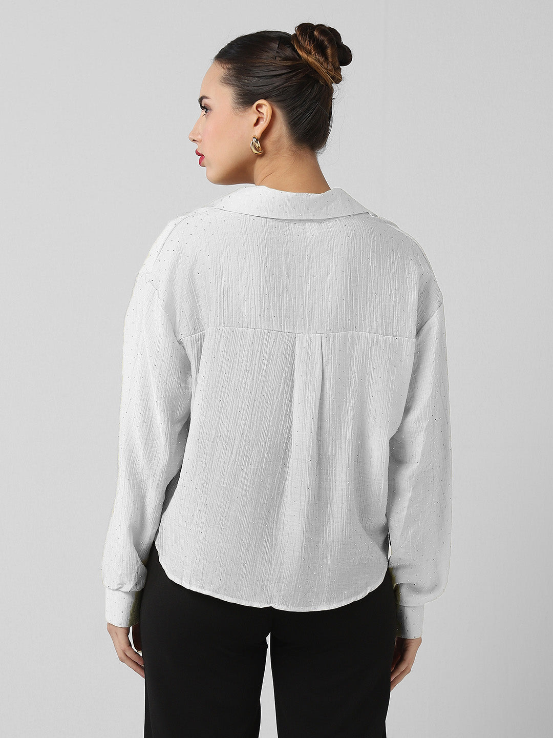 Women's White Solid Shirt Style Crop Top