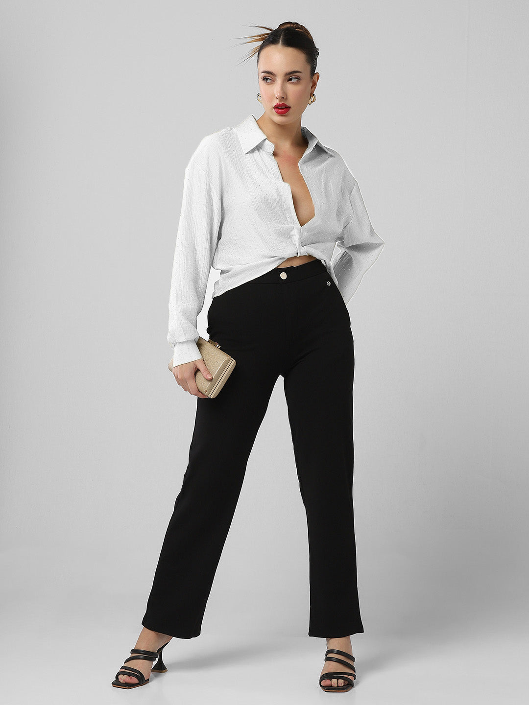 Women's White Solid Shirt Style Crop Top