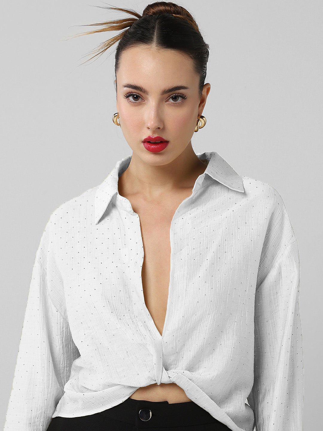 Women's White Solid Shirt Style Crop Top