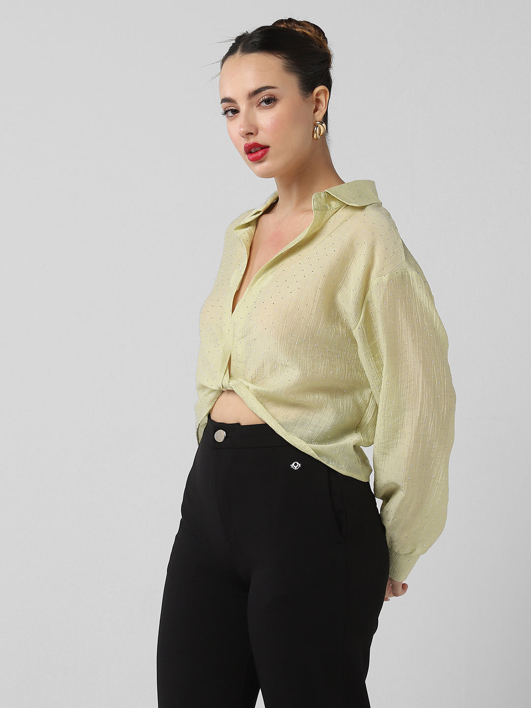 Women's Green Shirt Style Crop Top