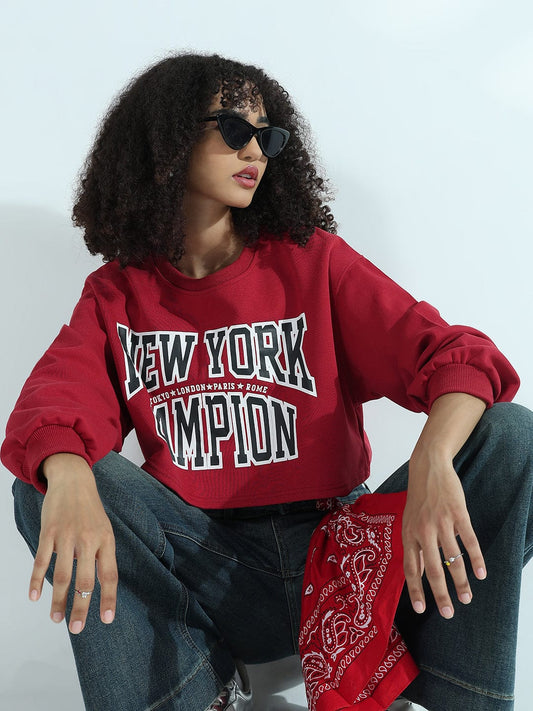 Women's Printed Red Urban Street Style Cropped Sweatshirt Top