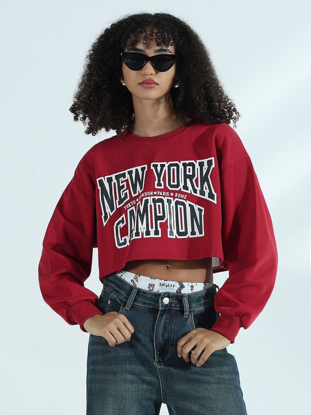Women's Printed Red Urban Street Style Cropped Sweatshirt Top