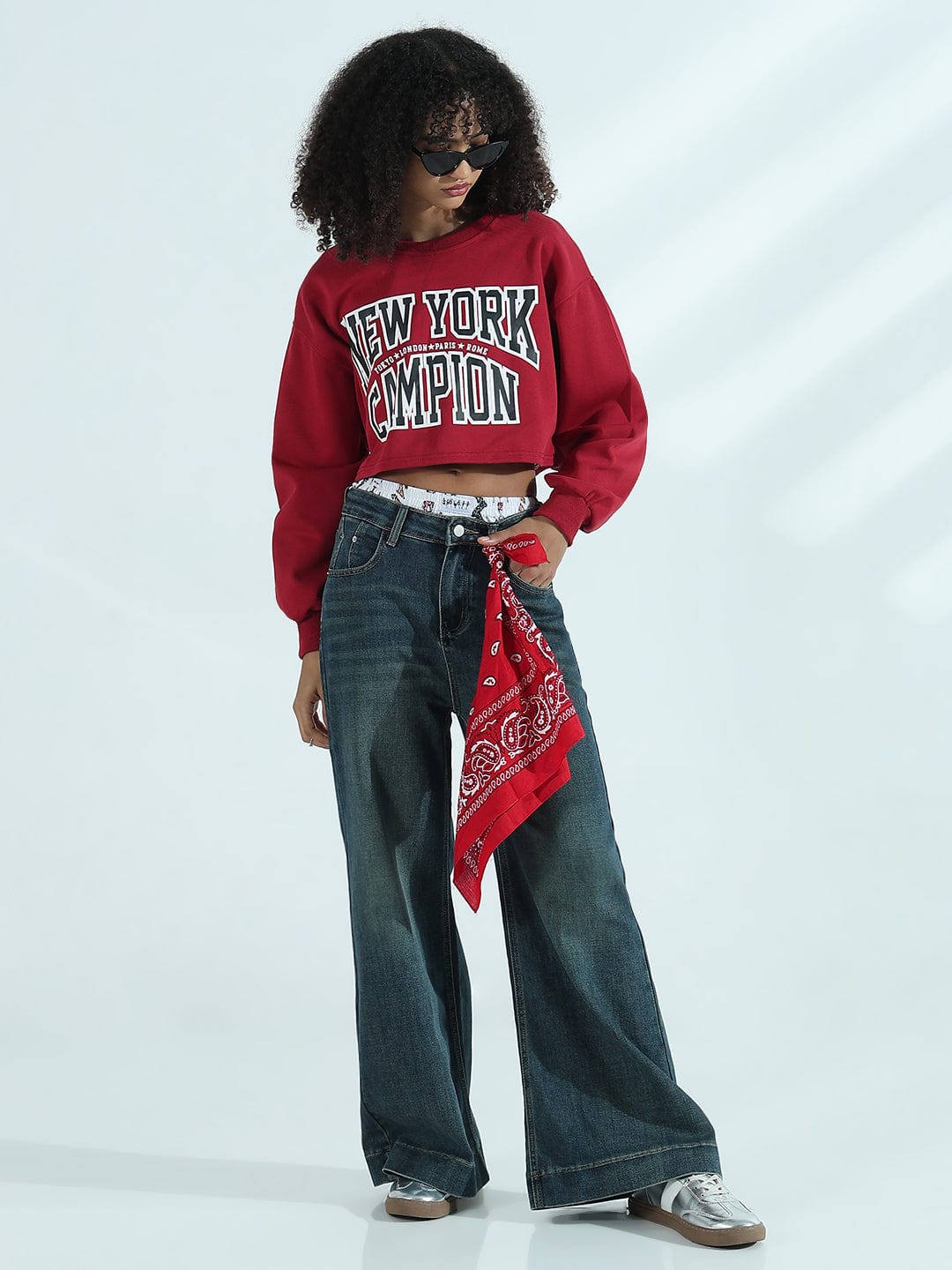 Women's Printed Red Urban Street Style Cropped Sweatshirt Top