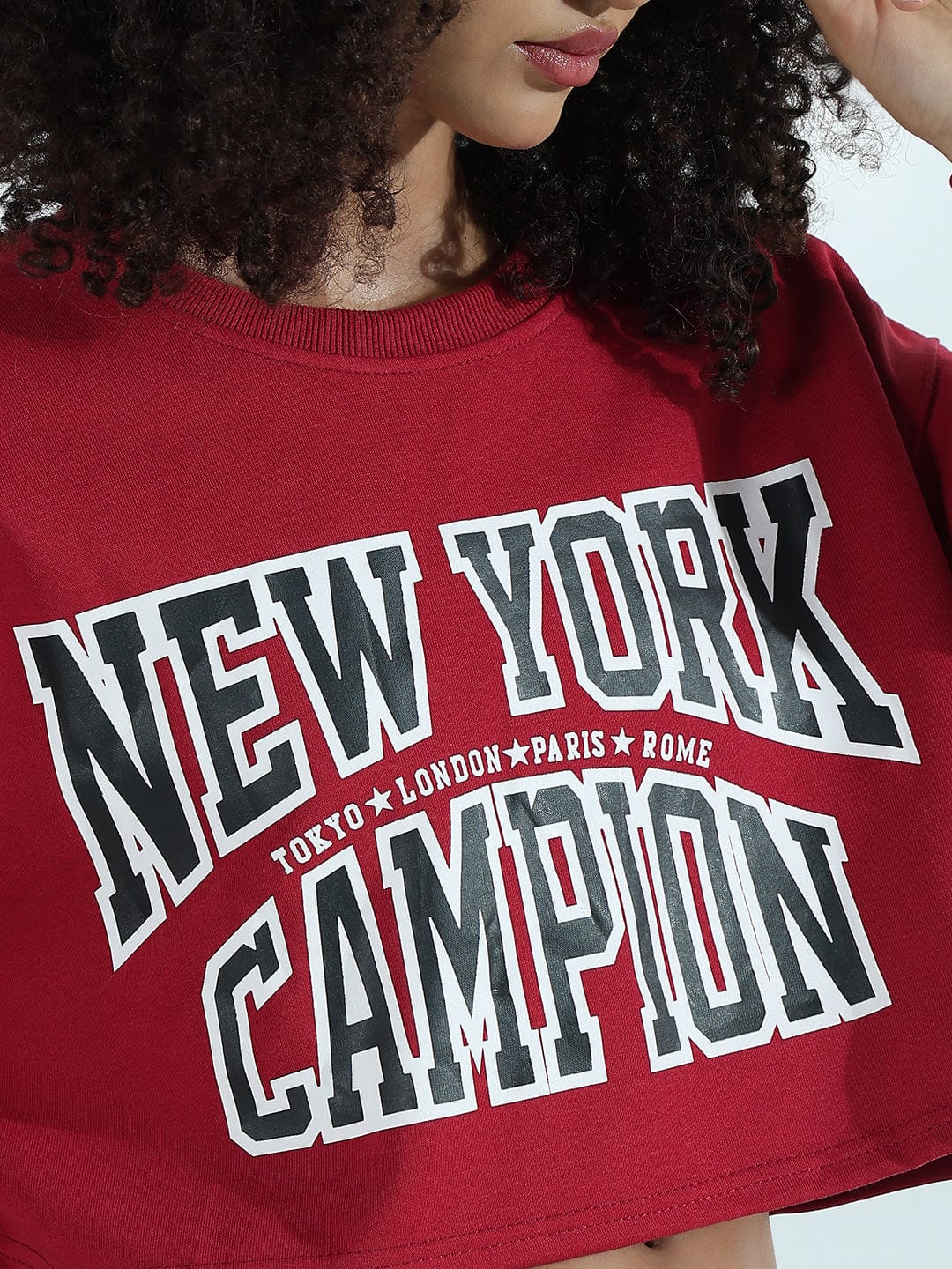 Women's Printed Red Urban Street Style Cropped Sweatshirt Top