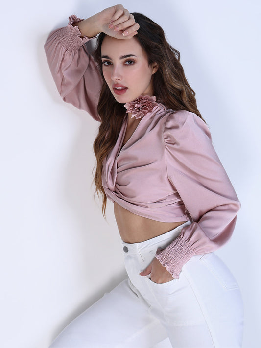 Women's Pink Satin Knot Crop Top with Flower Neck Tie