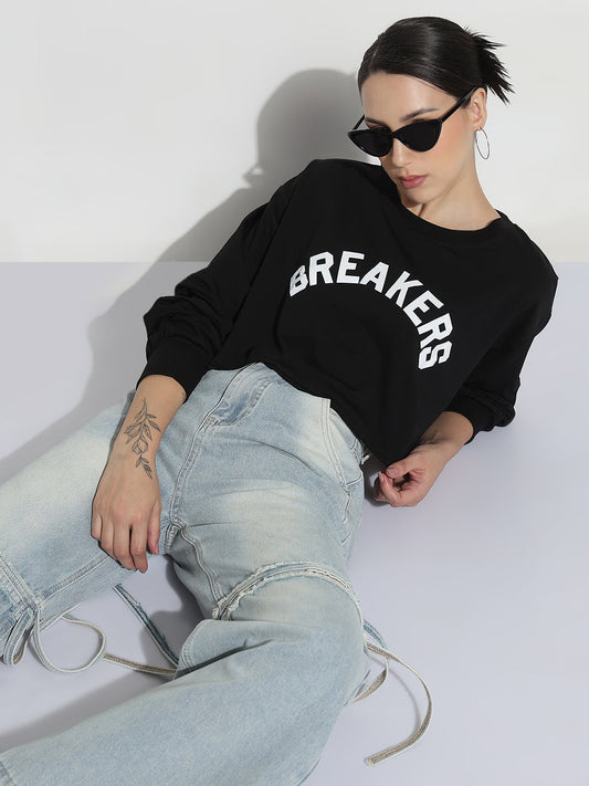 Women's Typography Black Round Neck Crop Top