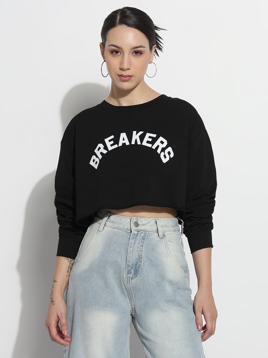 Women's Typography Black Round Neck Crop Top