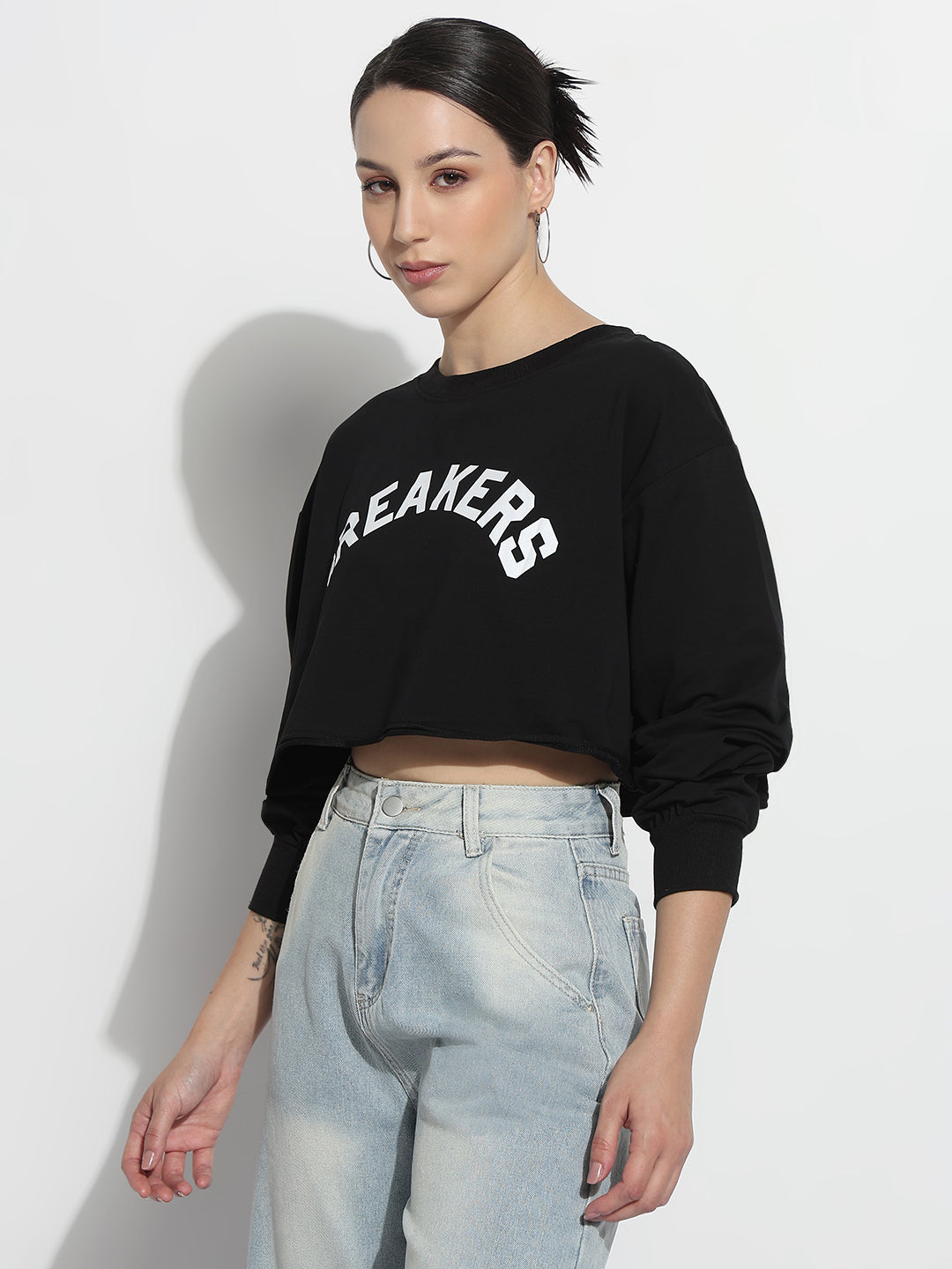 Women's Typography Black Round Neck Crop Top